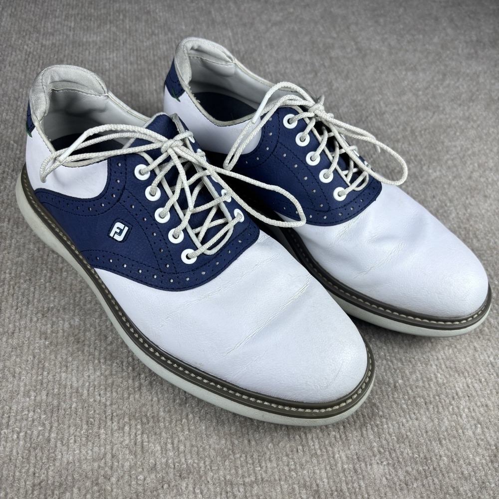 FootJoy FJ Golf Shoes Mens 8.5 M White Blue Leather Saddle Spikes Cleats - Picture 2 of 10